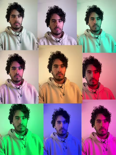 Código, escenario y movimiento — collage de retratos de Leandro Rodríguez con distintos filtros de color.